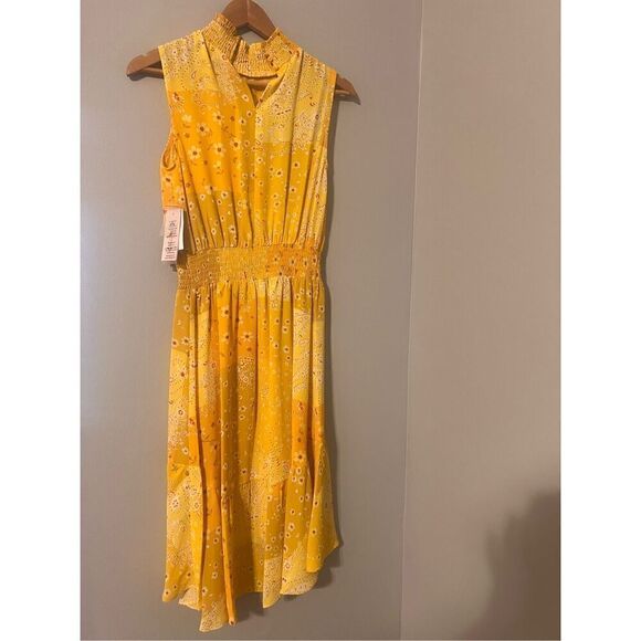Nanette Lepore 4 High Neck Blouson Swing Dress Yellow Patchwork Paisley Floral - Picture 11 of 16